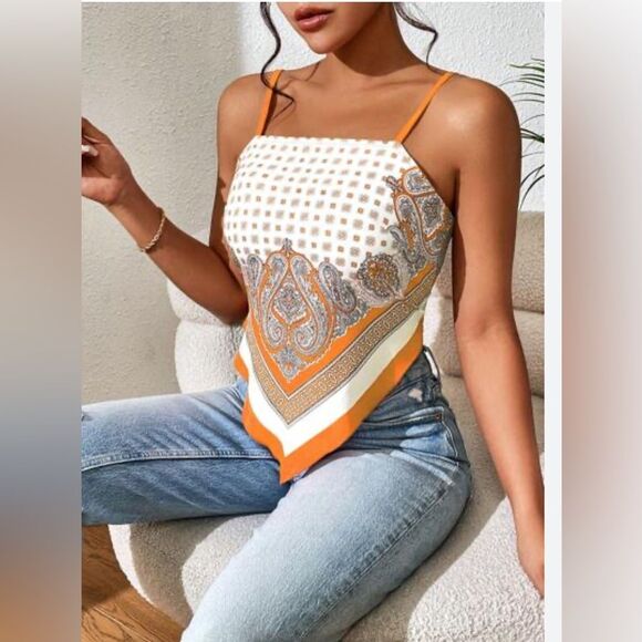 Orange and white paisley boho print bandeau cami top size large - Picture 2 of 9